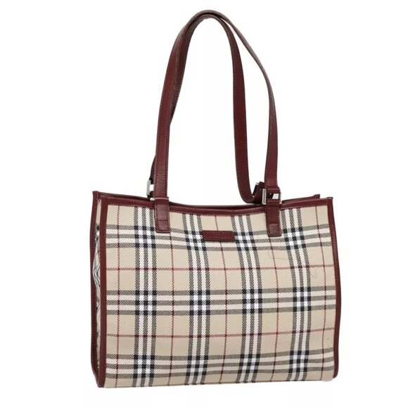 BURBERRY Nova Check Blue Label Tote Bag Canvas Beige Red brown Silver Auth 90206 - Picture 1 of 16